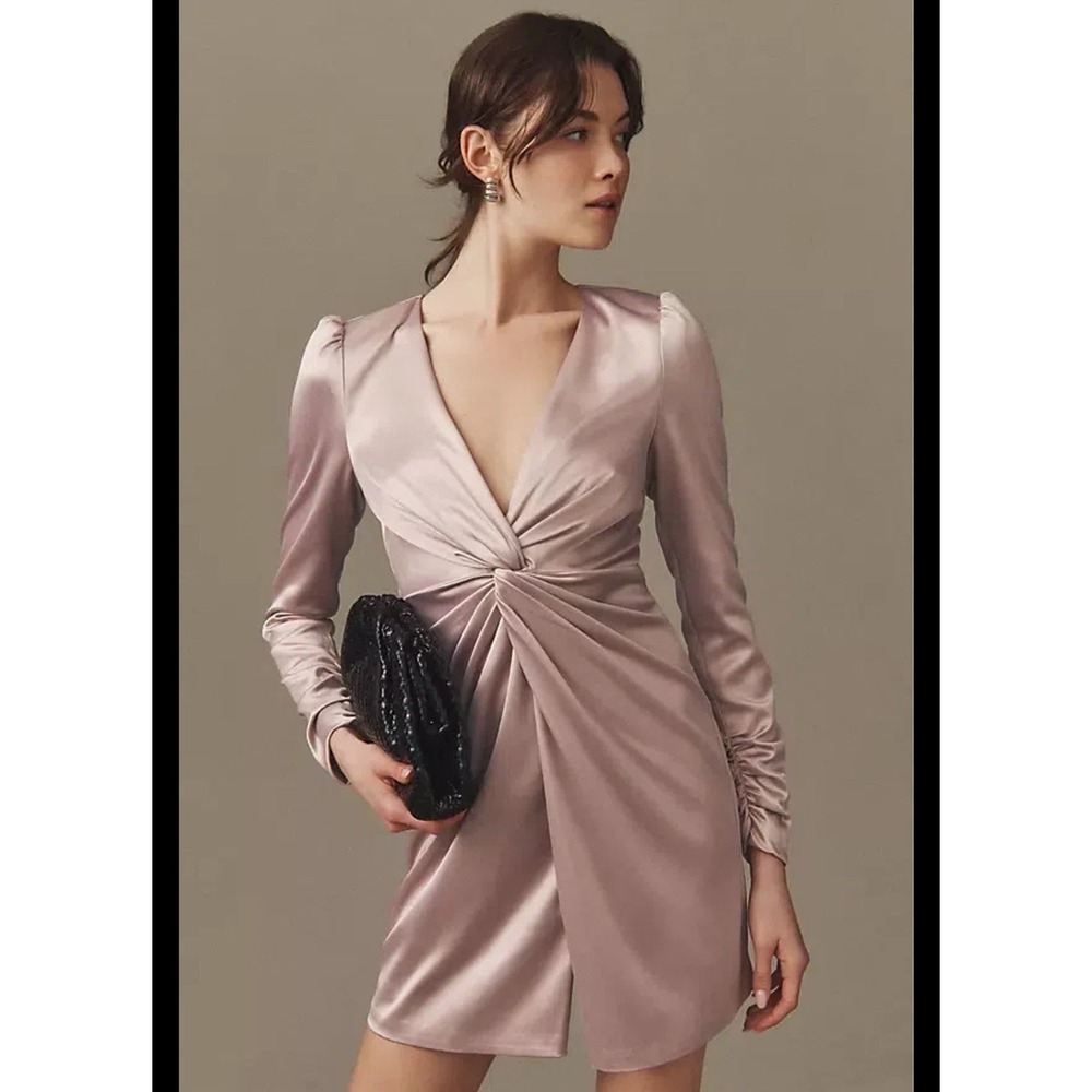 BHLDN Sabrina Stretch Satin Long Sleeve Sexy Mini Dress Dusty Mauve Women's M